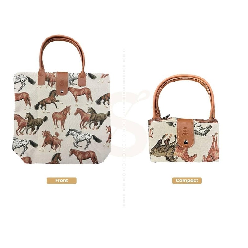 Signare Tapestry Foldable Tote Bag Reusable Shopping Bag Grocery Bag With Running Horse (FDAW-RHOR) - Image 1